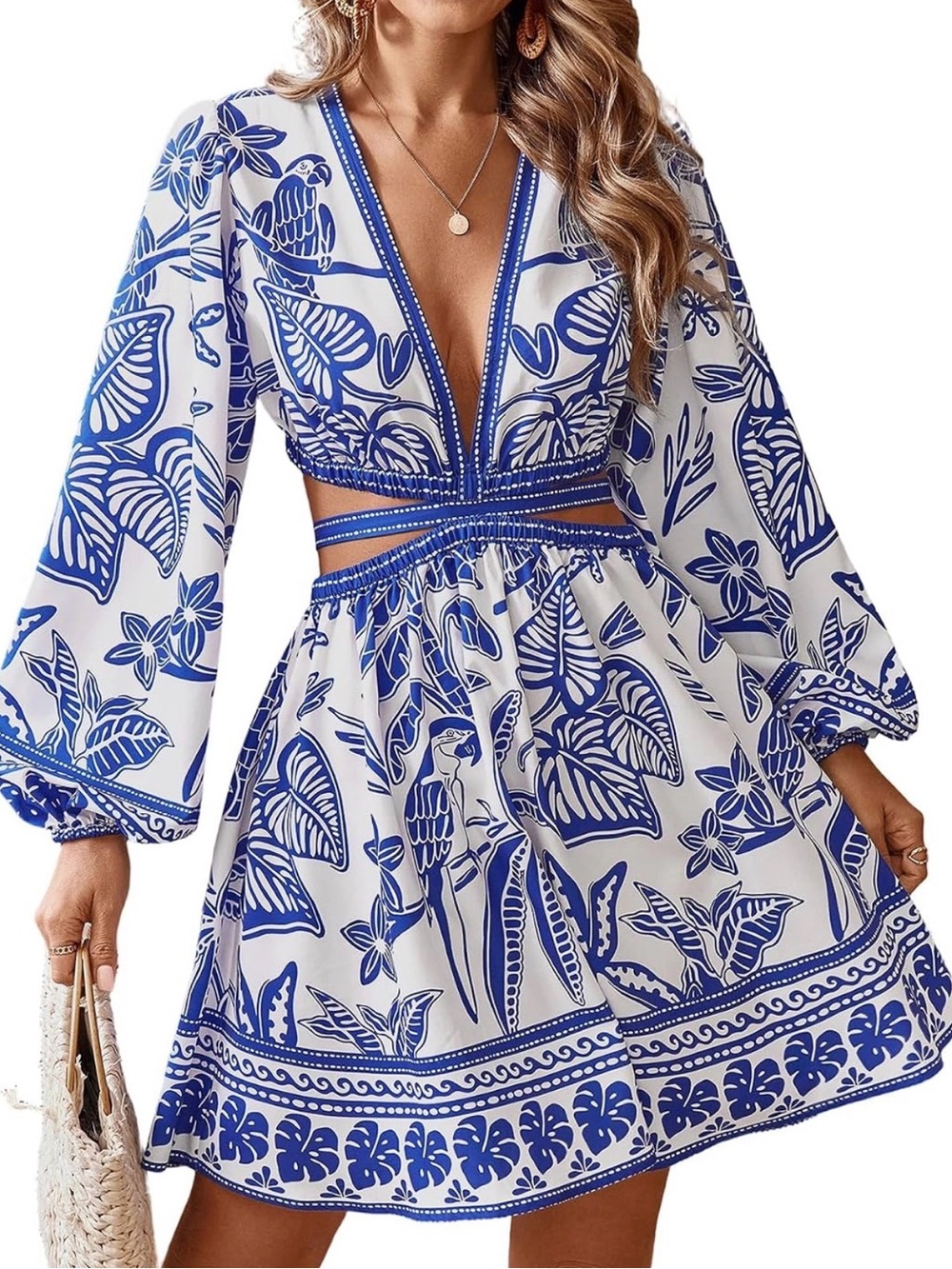 Blue & White Floral V-Neck Cutout Dress Women’s Tropical Parrot Leaves Blue